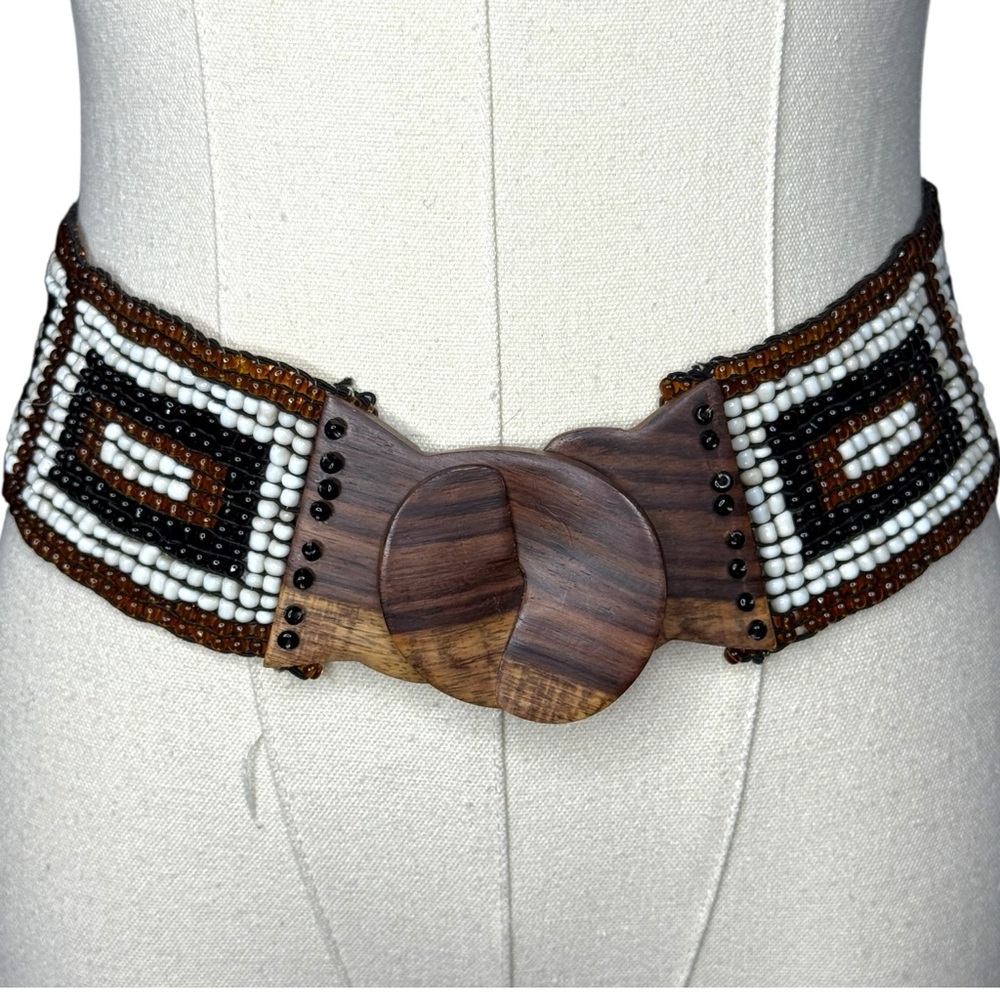 HAND BEADED Wood Buckle Wide Bead Belt‎ One Size